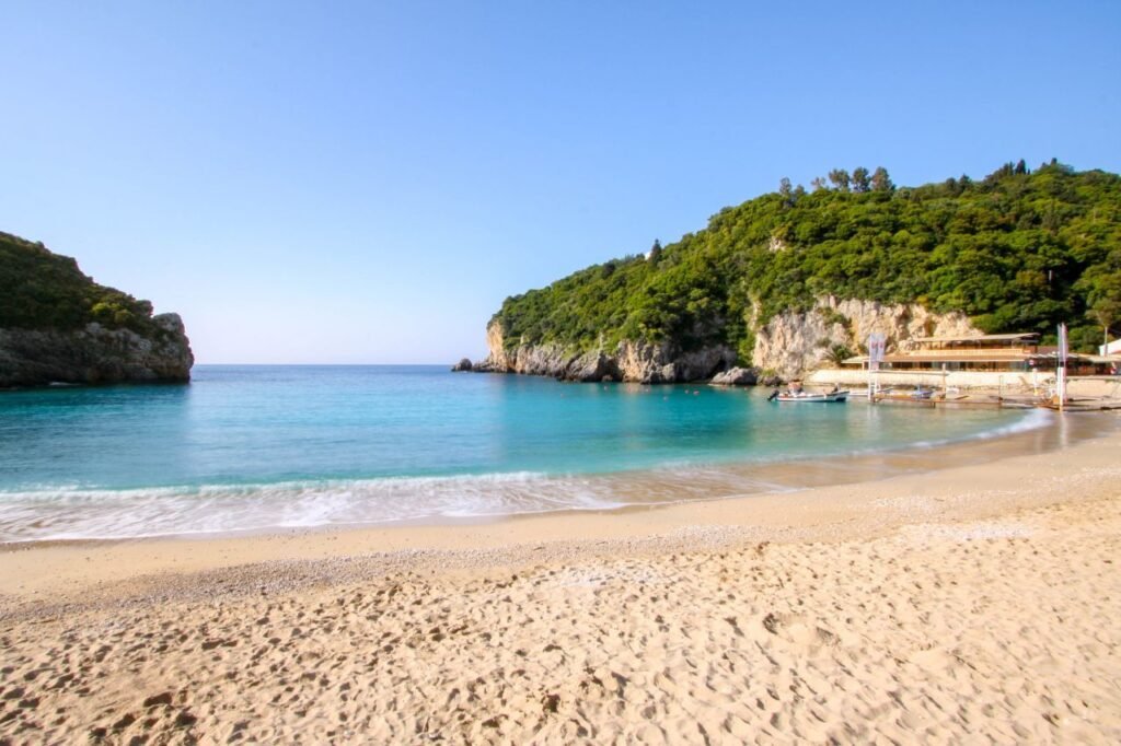 Turquoise waters and green cliffs in Paleokastritsa, Corfu.