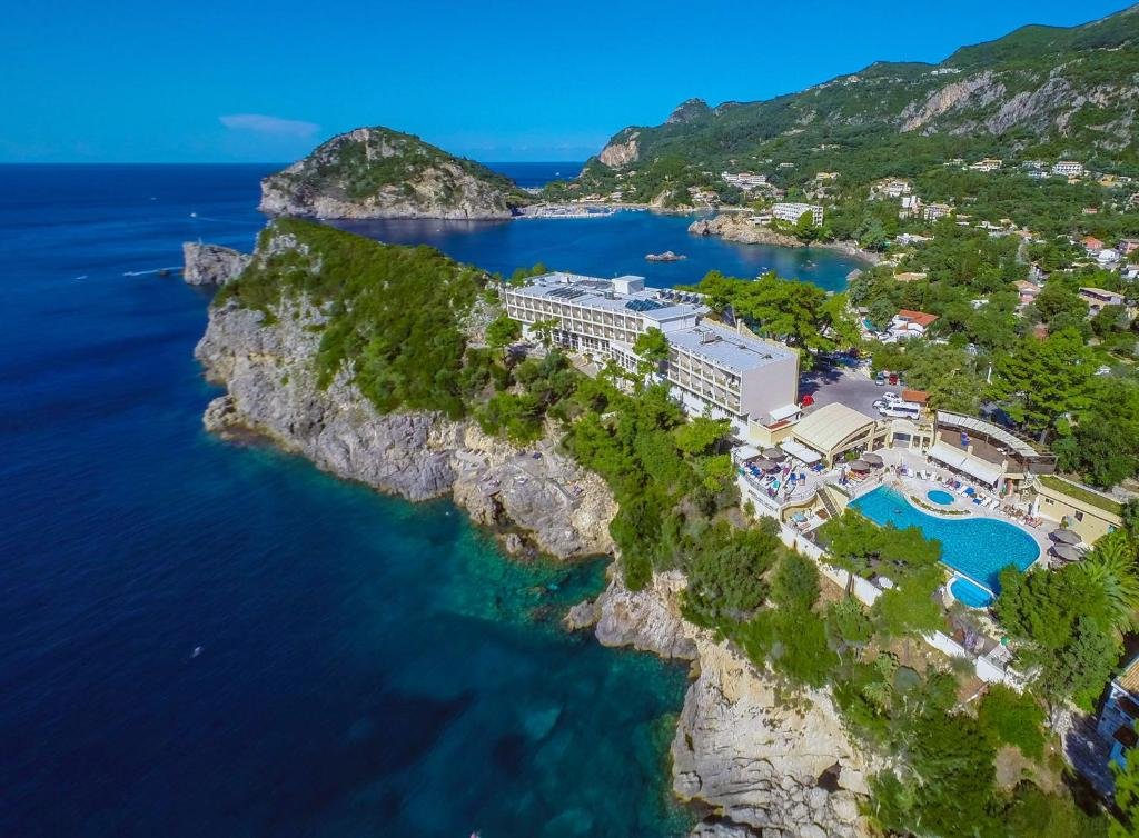Aerial view of Akrotiri Beach Resort Hotel in Paleokastritsa overlooking the sea