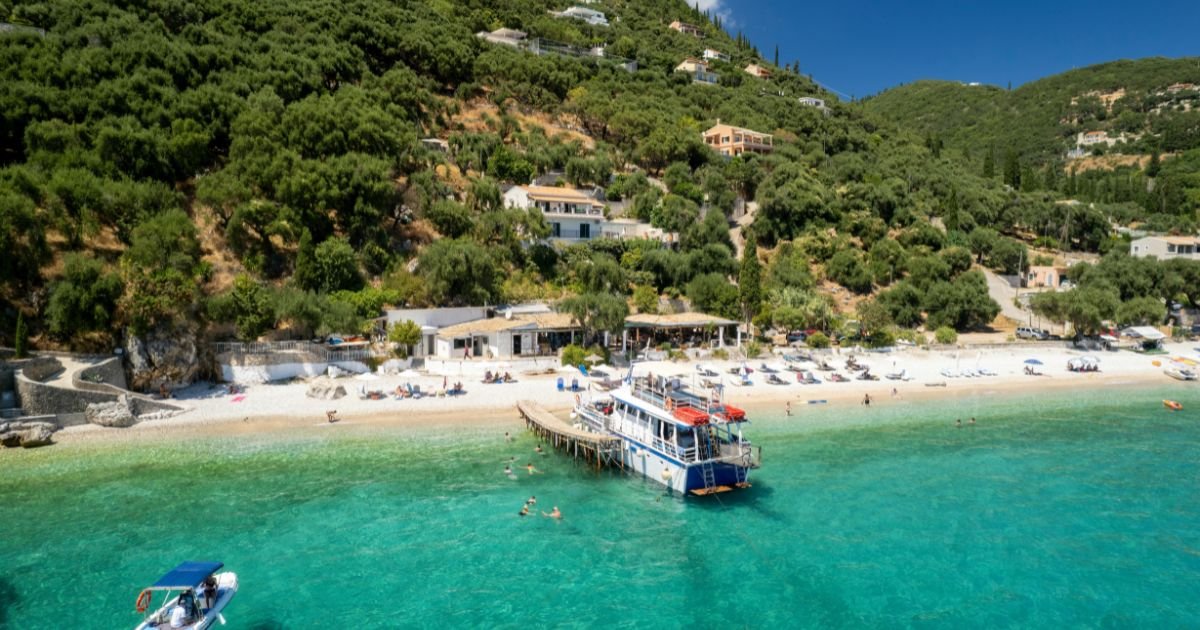Beautiful aerial view of Corfu island with turquoise sea, beaches and traditional Greek architecture