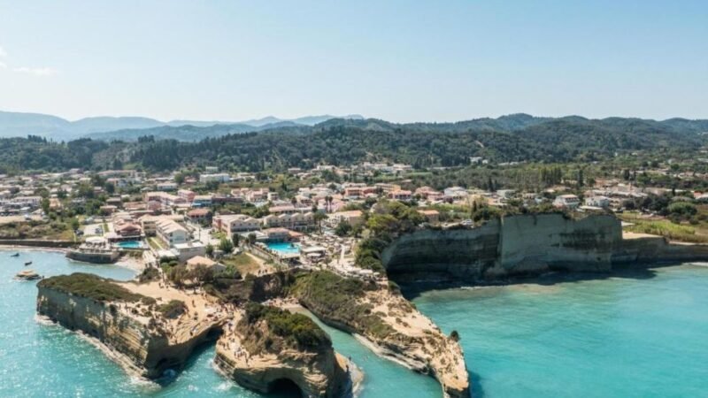 Beautiful sunset over Canal d’Amour in Sidari Corfu with turquoise sea and cliffs