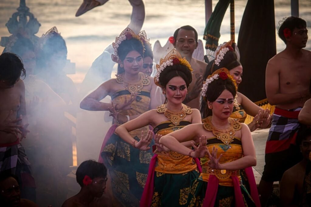 Balinese traditional temple ceremony with offerings and costumes