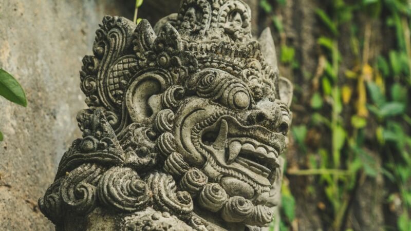 Luxury hotels in Ubud town center surrounded by tropical greenery and traditional Balinese architecture in Bali, Indonesia