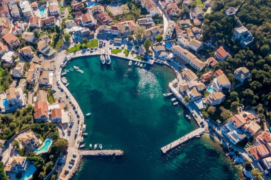 Traditional harbor and fishing boats in Kassiopi, Corfu.