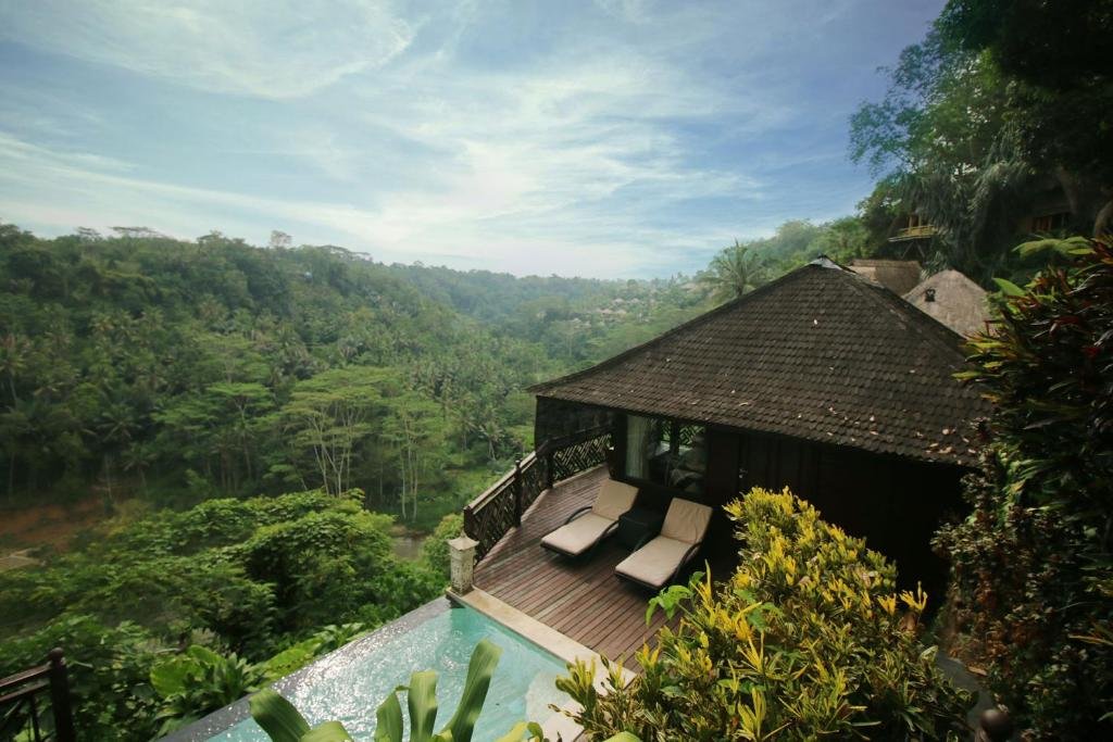 Iconic infinity pool overlooking Ayung River valley in Ubud Bali