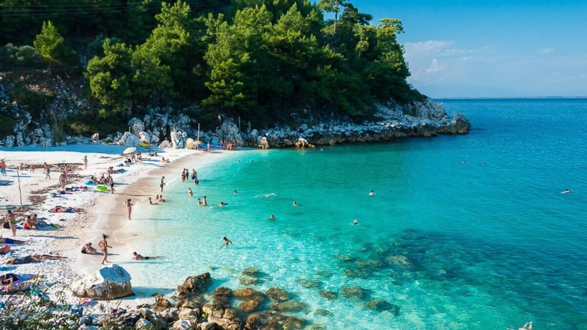 Beautiful view of Thassos Greece with turquoise sea and green mountains