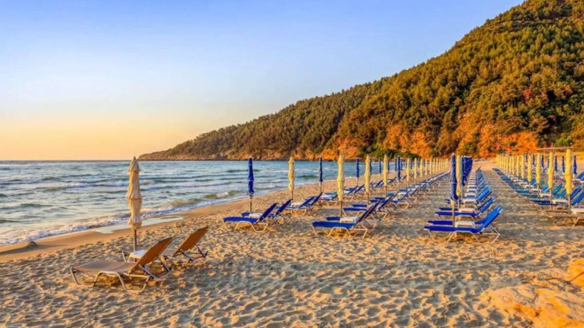 Paradise Beach Thassos with golden sand and turquoise sea