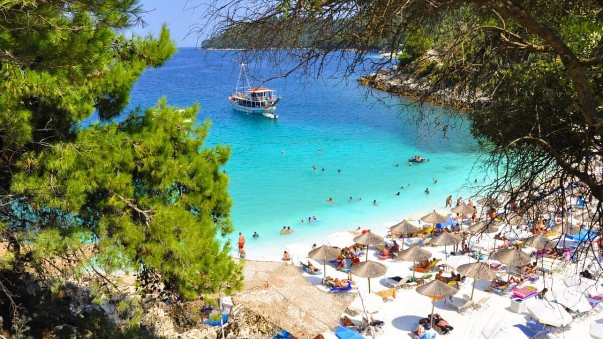 Marble Beach Thassos with white marble pebbles and turquoise water