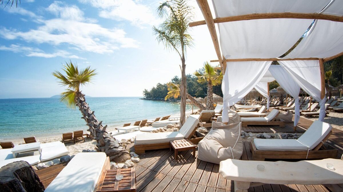 La Scala Beach Thassos with luxury sunbeds and clear blue sea