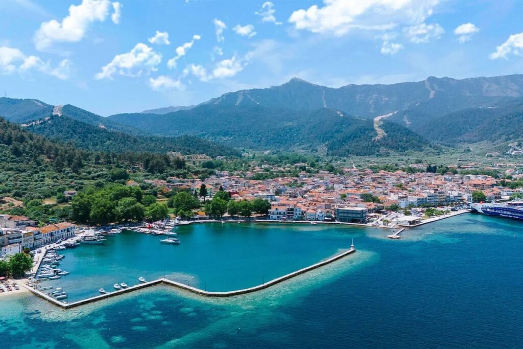 Limenas Thassos town and coastline in Greece