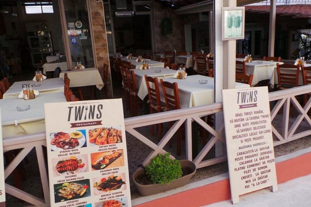 The Twins Restaurant exterior in Limenas Thassos