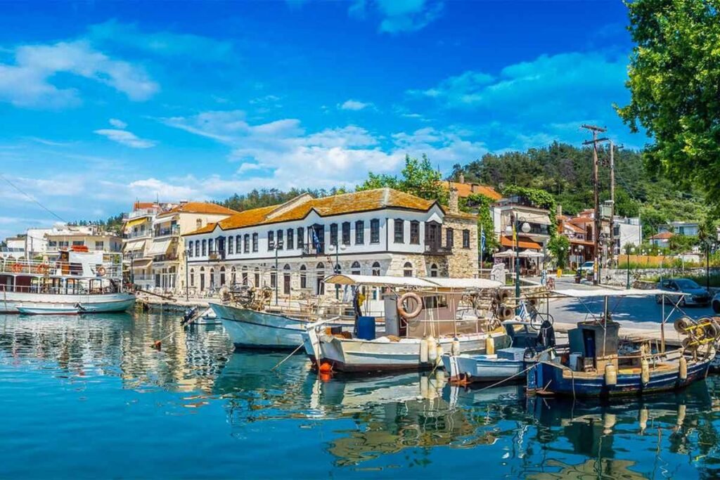 Aerial view of boats in Limenas Thassos harbor