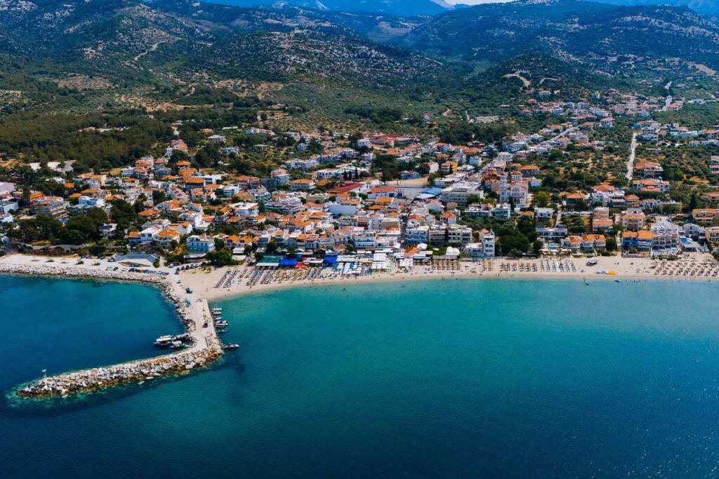 Aerial view of Potos Thassos and its beach