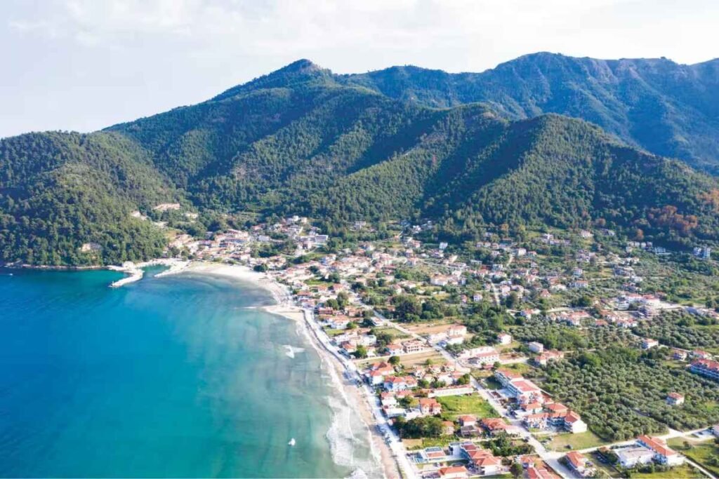 Aerial view of Skala Potamia Thassos and coastline