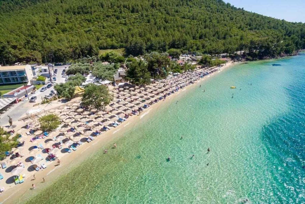 Aerial view of the beach in Skala Rachoni Thassos