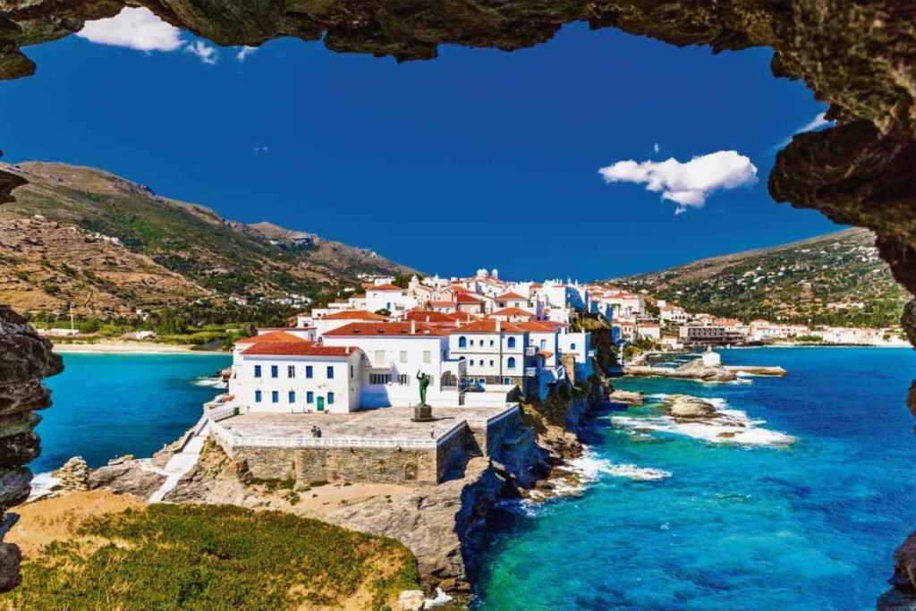 Beautiful Greek island with blue sea and traditional white houses