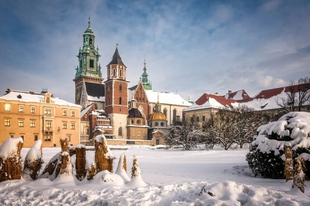 Wawel Castle Krakow covered in snow