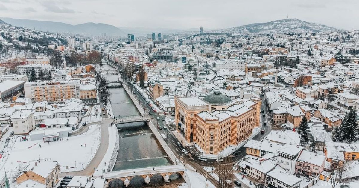 Sarajevo winter with snow-covered mountains and city