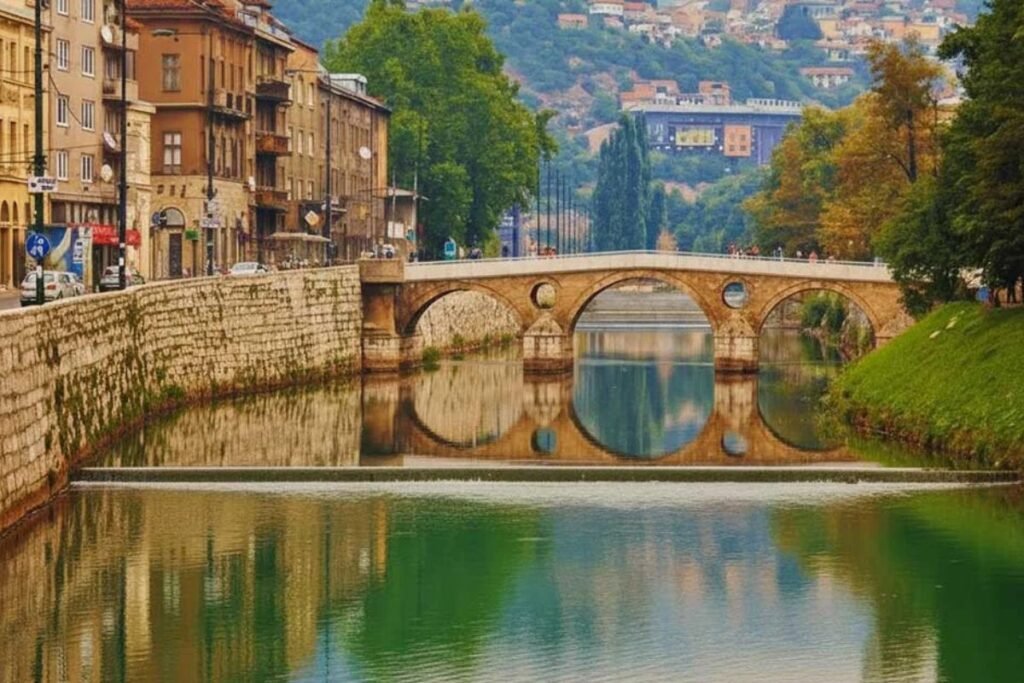 Miljacka River flowing through the center of Sarajevo