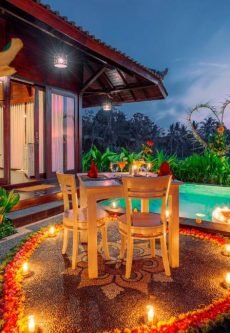 Outdoor seating area overlooking rice fields in private villa