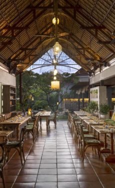 Outdoor dining area with lush rice field views at Alaya Resort Ubud