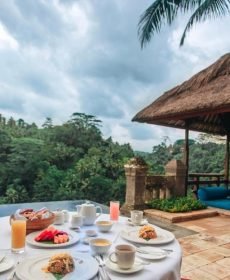 Infinity pool surrounded by dense tropical rainforest in Ubud