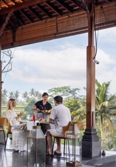 Panoramic rice terrace view from luxury resort balcony in Ubud