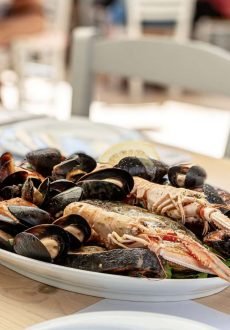 Greek seafood dish served at Vrachos Restaurant with sea view in background.