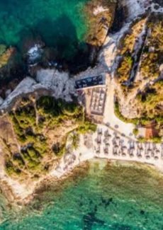 Aerial view of a small peninsula near Skala Panagia Thassos