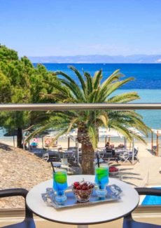 Hotel terrace overlooking the beach in Skala Prinos Thassos