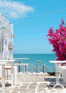 Paros Greece white street overlooking the sea