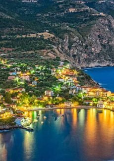 Kefalonia Greece town at night aerial view