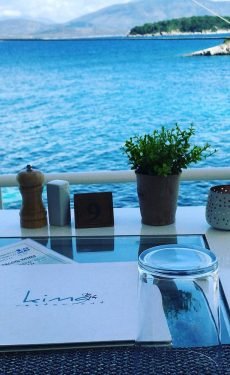 Panoramic view of the Ionian Sea from the terrace of Kima Restaurant in Kassiopi.